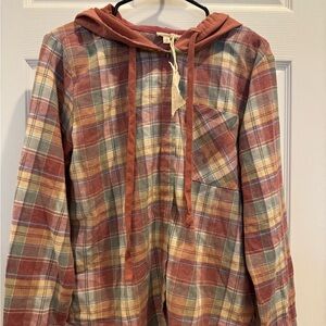 Hem & Thread Plaid Hooded Top in Red and Cream